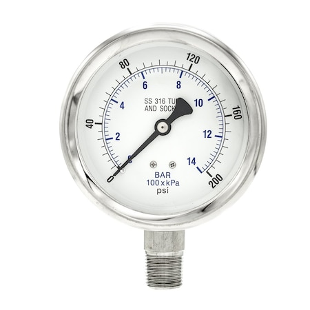 Gauge,4,0/200psi,1/2LM,SS